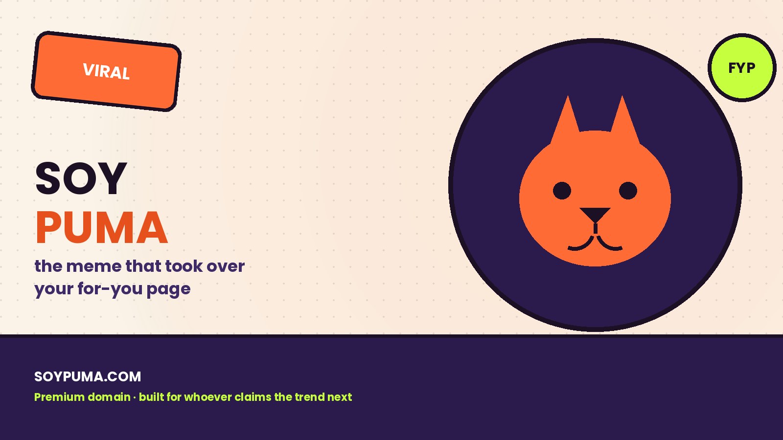 Illustrated puma mascot mark for SoyPuma.com next to the text 'Soy Puma — the meme that took over your for-you page'